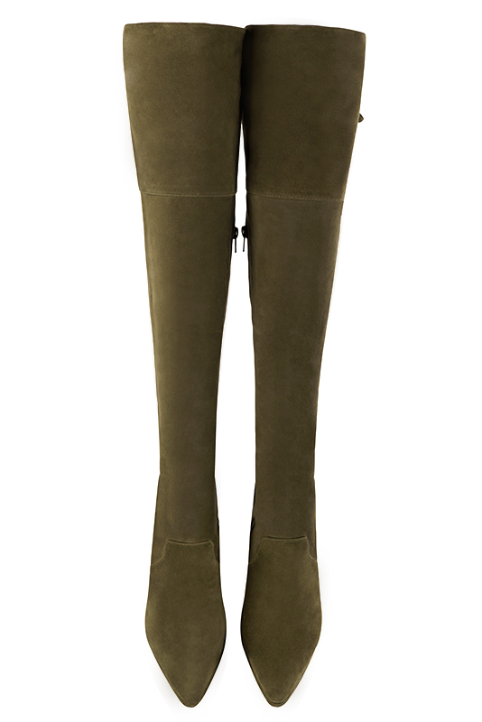 Khaki green women's leather thigh-high boots. Tapered toe. Very high slim heel with a platform at the front. Made to measure. Top view - Florence KOOIJMAN